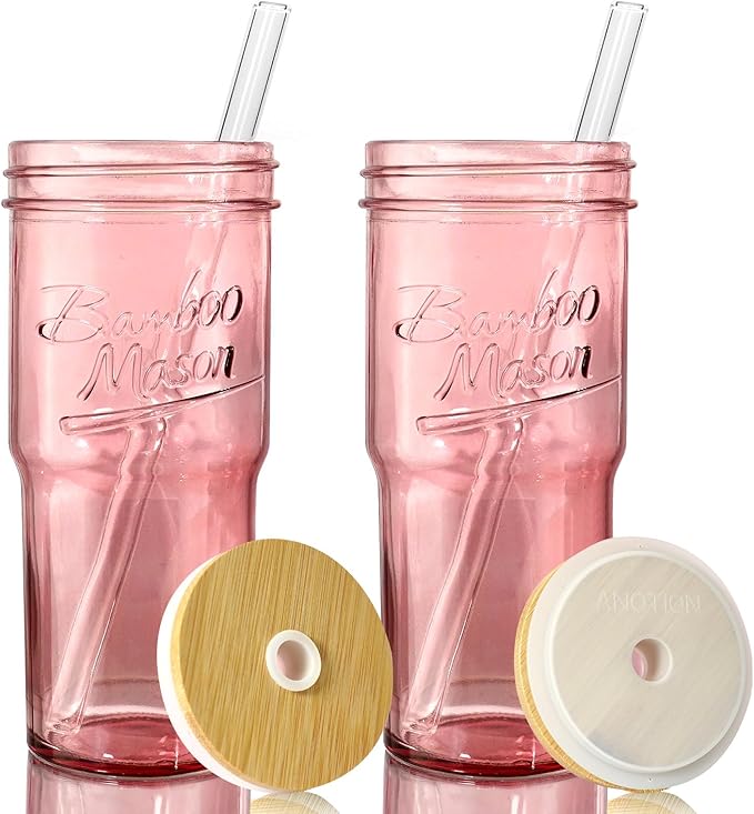 ANOTION Glass Cups with Lids and Straws, 24oz Pink Glass Tumbler Travel Coffee Mug Bamboo Mason Jar Iced Cup Smoothie Tea Clear Cute Water Drinking Jars Glasses