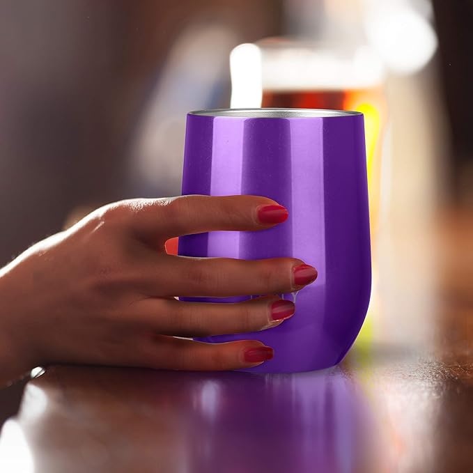 THILY Vacuum Insulated Stemless Wine Tumbler Triple-Insulated Stainless Steel Wine Glass with Lid, Reusable Straw, 12 oz, Wine, Coffee, Cocktails, Gifts Ideas for Women, Her, Girls, Purple