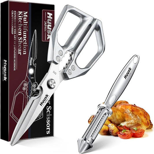 Huusk Kitchen Scissors and Potato Peelers Set, Multifunction Japanese Vegetable Peeler for kitchen, Stainless Steel Cooking Kitchen Shears with Fruit Peeler for Carrot, Veggie, Cucumber, Apple