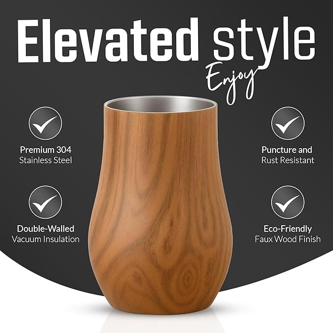 Double-Wall Insulated Whiskey Glass – Stemless Nosing Glass for Bourbon, Scotch & Whisky – Wood Finish – Gift for Men, Dad, Whiskey Lovers (Set of 2)