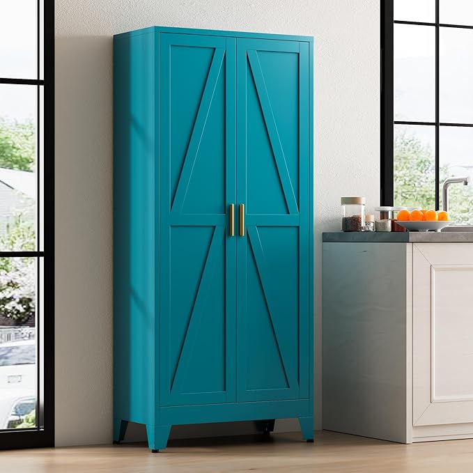 61" Tall Metal Pantry Cabinet, Kitchen Storage Cabinet with 2 Doors and 3 Adjustable Shelves for Kitchen, Living Room, Dining Room, Bathroom and Home, Office (Blue, 61" H)