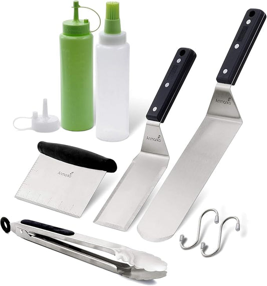 Anmarko Metal Spatula Set Stainless Steel and Scraper - Professional Chef Griddle Spatulas Set of 6 - Heavy Duty Accessories Great for Cast Iron BBQ Flat Top Grill