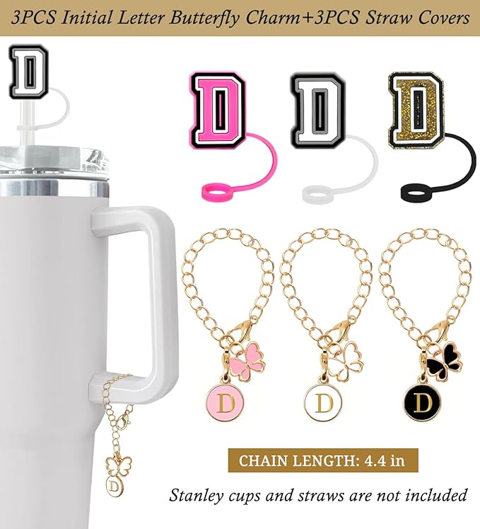 （3 +3) Nuozme Straw Cover Compatible with Stanley Tumbler Cup 3PCS Letter Straw Caps Toppers with 3 Initial Butterfly Charms Name ID For Stanley 30&40 Oz Cup