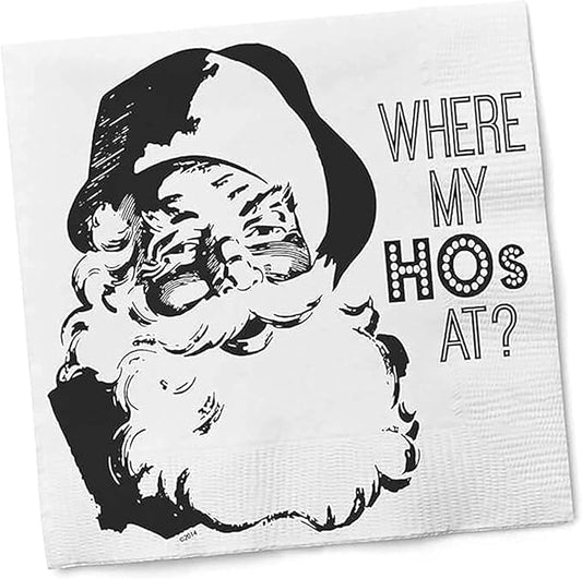 Twisted Wares Funny Christmas Cocktail Napkins – “WHERE MY HOs AT” – 3-Ply Holiday Beverage Napkins for Parties, Décor & Gifting – 5”x5” (20-Pack)
