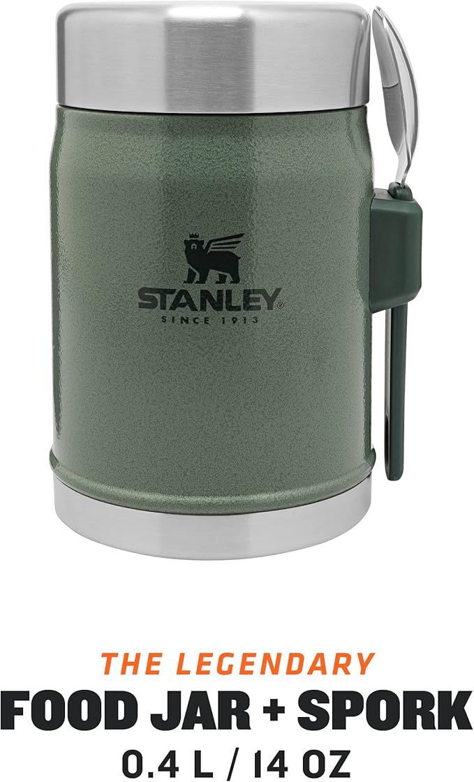 Stanley Classic Legendary Food Jar 0.4L with Spork - Keeps Cold or Hot For 7 Hours - BPA-Free Stainless Steel Soup Flask - Leakproof - Dishwasher Safe - Hammertone Green