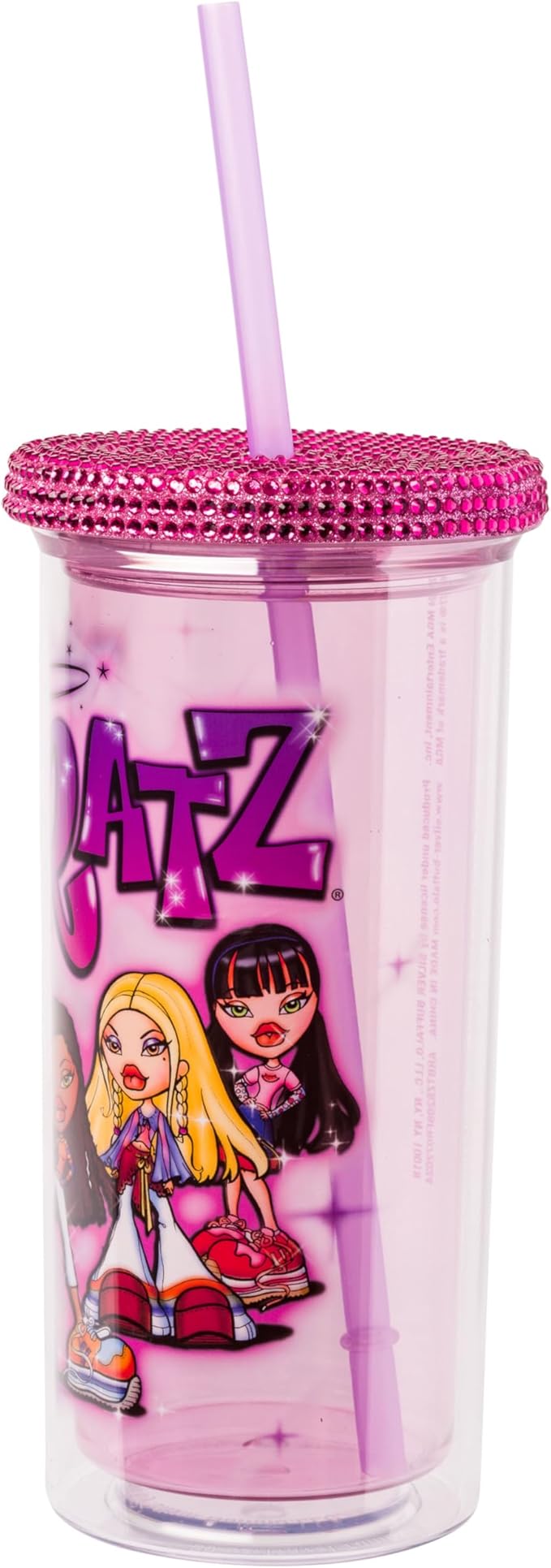 Silver Buffalo Bratz Featuring Cloe, Yasmin, Jade, and Sasha Plastic Tall Cold Cup with Rhinestones Lid and Straw, 20 Ounces