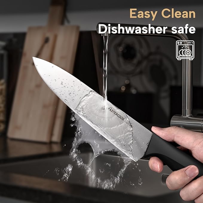 Astercook Knife Set, 15 Pieces Kitchen knives Set with Built-in Sharpener, High Carbon German Stainless Steel Chef Knife Block Sets, Sharp & Rust Resistant Dishwasher Safe, Black