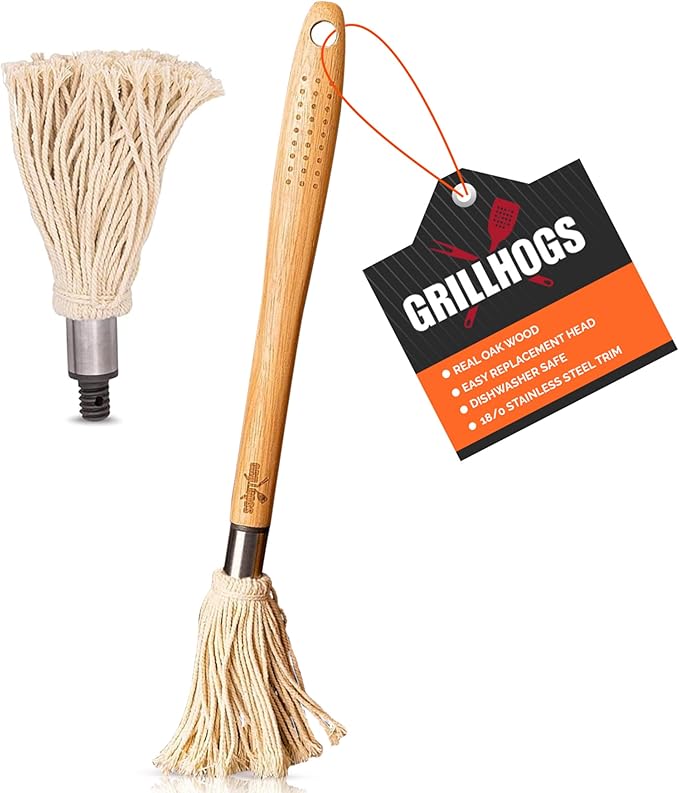 18" Basting Mop - BBQ Mop Brushes for Sauce, Extra-Absorbent Double Head, Ergonomic Durable Natural Oak Handle, BBQ Grill Brush & Sauce Brush