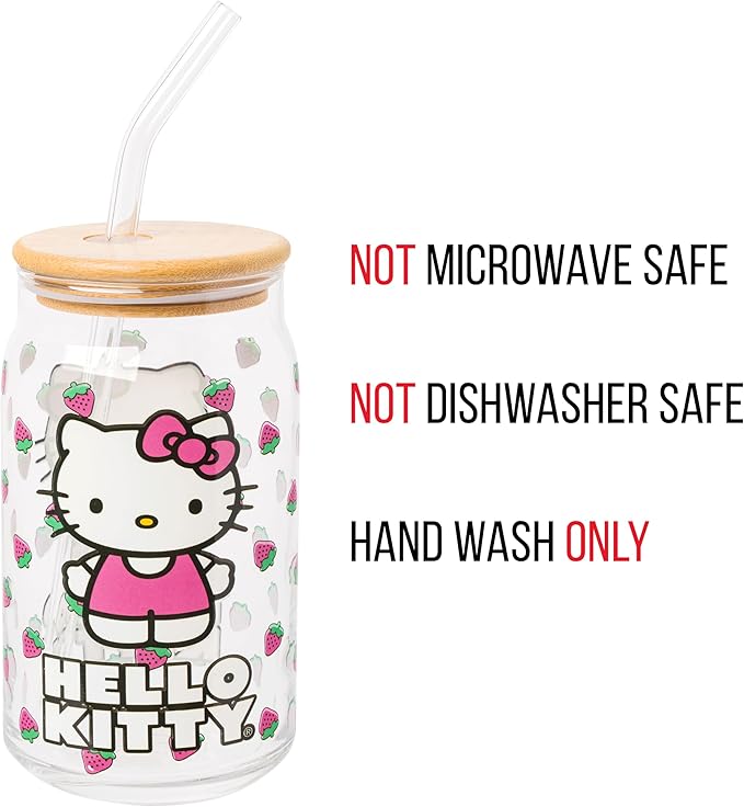 Silver Buffalo Sanrio Hello Kitty Strawberry Glass Jar Tumbler with Bamboo Lid and Glass Straw, 16 Ounces (Pack of 12)