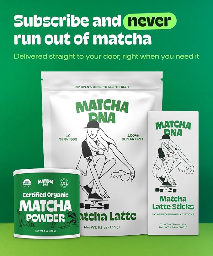 MatchaDNA Matcha Latte – Sweet Matcha Latte Powder with Milk, No Sugar Added – Green Tea Lattes Mix for Hot or Iced Drinks – Organic Macha Tea, Antioxidant Rich, Smooth Energy Boost (5.3 oz Pouch)