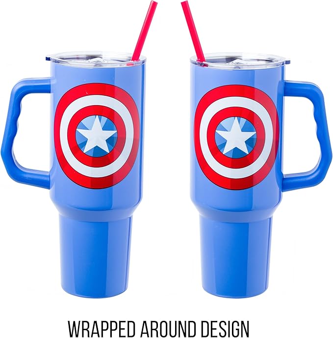 Silver Buffalo Marvel Captain America Shield Stainless Steel Tumbler with Handle and Straw, Fits in Standard Cup Holder, 40 Ounces