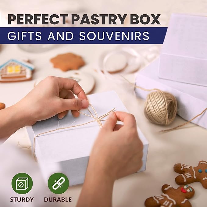 [25 Pack] Pastry Boxes - 7 x 7 x 3 Inches White Bakery Box for Cookies, Compostable Kraft Paper Cardboard for Baked Goods Packaging, Cake, Food, Donut, Cupcake, Candy, Bread, Bridesmaid Gift Box