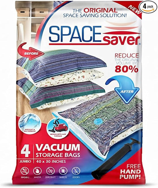 Spacesaver 4 Pack Jumbo Vacuum Storage Bags for Blankets & Clothes – Jumbo Vacuum Sealed Compression Bags with Hand Pump – Space Saver Storage Bags for Bedding, Moving, Travel & Organization