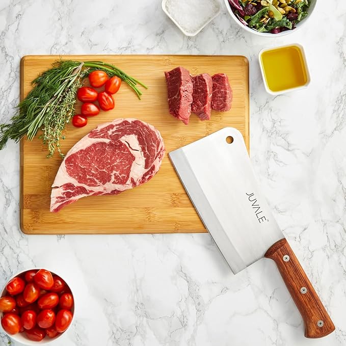 Juvale Meat Cleaver - 8-Inch Stainless Steel Blade, Wood Handle - Heavy-Duty Butcher Knife & Bone Cleaver for Beef Brisket, Meat Cutting & Chopping - Chopping Knife