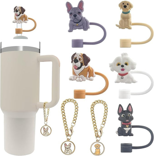 Velaco (5+2) 5PCS 0.4in/10mm Diameter Silicone Straw Covers Compatible with Stanley 20 30&40 Oz Cup and 2 PCS Dog Charm Accessories with Chains for Stanley 20 30 40 oz Tumbler with Handle