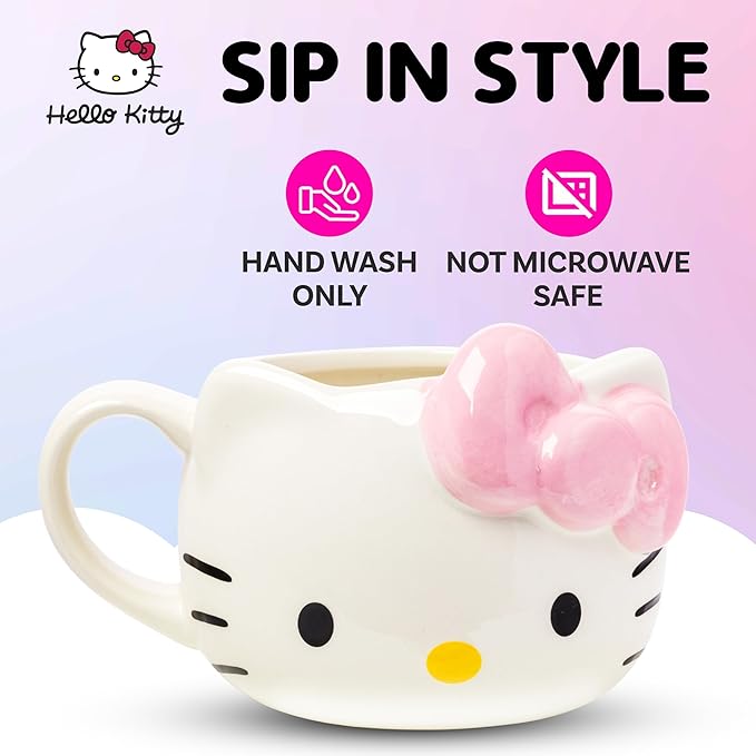 Silver Buffalo Sanrio Hello Kitty Pink Bow Ceramic 3D Sculpted Mug, 20 Ounces