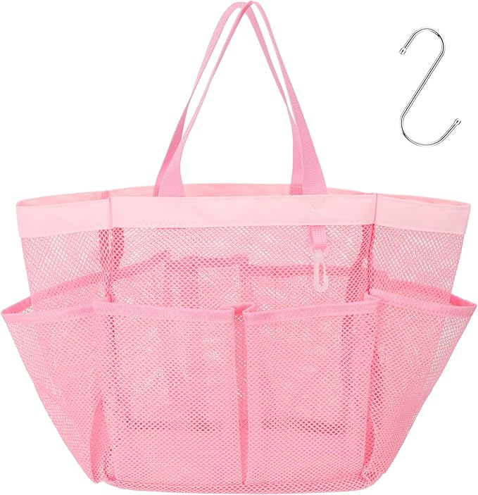 F-color Mesh Shower Caddy Portable, Upgrade Deeper 7 Pockets Shower Bag Basket Tote for College Dorm Room Toiletry Bathroom Essentials Gym Camp Quick Dry 2 handles with S Hook, Pink