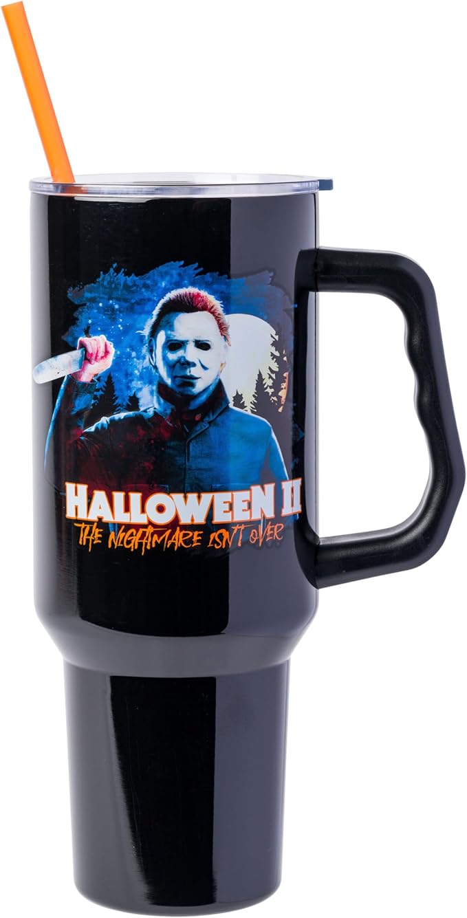 Silver Buffalo Halloween II “The Nightmare Isn’t Over” Stainless Steel Tumbler with Handle Featuring Michael Myers, Fits in Standard Cup Holder, 40 Ounces