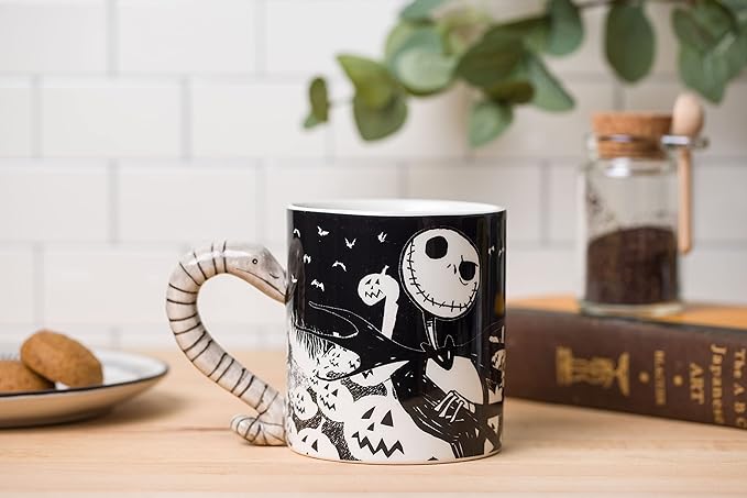 Silver Buffalo Disney Tim Burton's Nightmare Before Christmas Jack Skellington and Moonlight Snake 3D Sculpted Handle Ceramic Mug, 20 Ounces