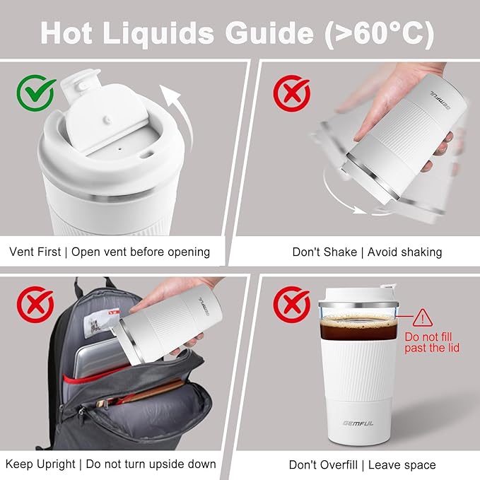GEMFUL Travel Coffee Mug Insulated To Go Coffee Tumbler with Lid Portable Stainless Steel Reusable Leak proof Cups for Women Hot Cold Drinks 17oz (White)