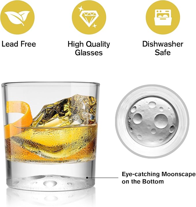 Creative Moonbottom Whiskey Glasses Set of 4, Old Fashioned and Cocktail Glasses (Frosted bottom set of 4), gift for amateur astronomer