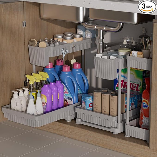 3 Pack Multi-Purpose Under Sink Organizers and Storage (Grey, 14.85 inches)