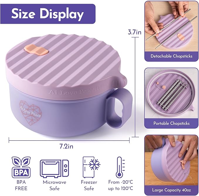 AI LOVE PEACE Ramen Bowls, 40 oz Large Microwavable Noodle Bowls (2 Purple) with Chopsticks, Sporks, and Utensil Bag, Portable Microwave Bowl for Home, Office, Dorm, or College Gift.