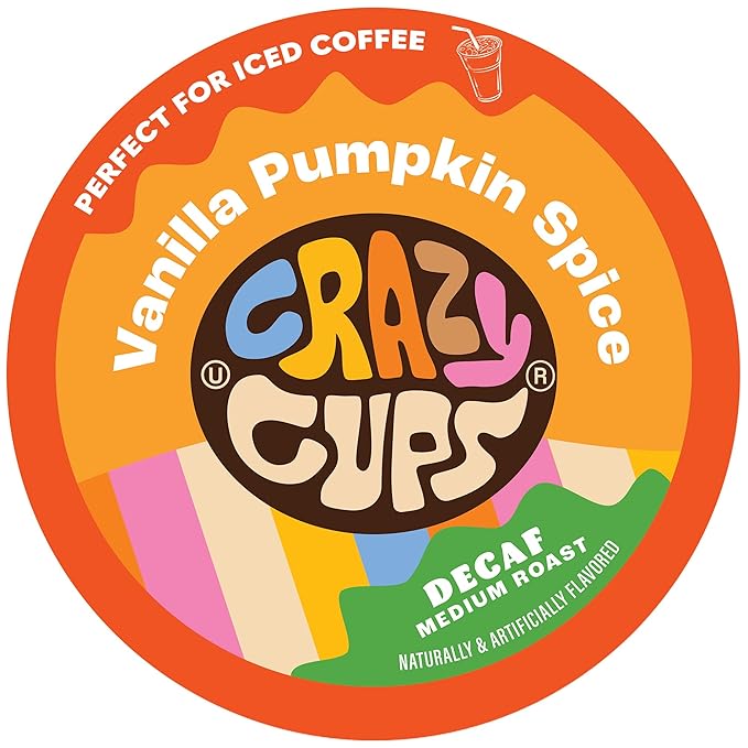 Crazy Cups Decaf Flavored Vanilla Pumpkin Spice Coffee Pods, Recyclable Medium Roast Single Serve for Keurig K Machines, Brew Hot or Iced, 22 Count (Pack of 1)