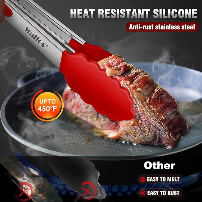Walfos Kitchen Tongs - 7" 9" and 12" Heat Resistant Cooking Tongs, Stainless Steel and BPA Free Silicone Tips, Great for Cooking, Salad, Grilling, Turning, Dishwasher safe,set of 3