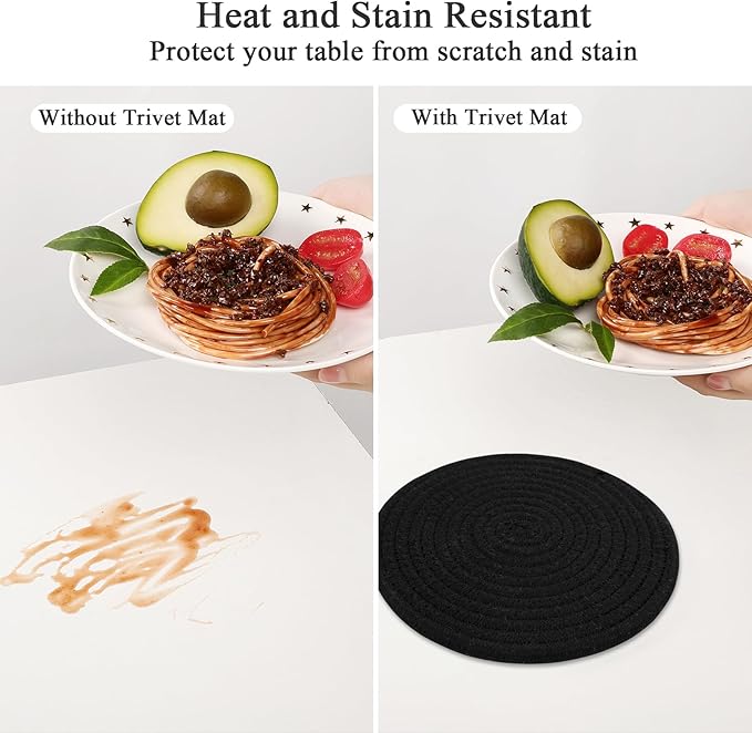 SHACOS 8 Inch Trivets for Hot Dishes 6 Pieces Heat-Resistant Trivet Set, Cotton Trivets Mats for Kitchen, Hot Pads for Countertops Table, Farmhouse Home Decor Essentials, Black
