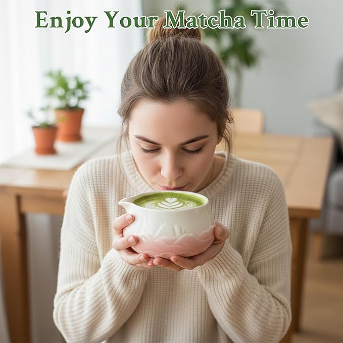 Matcha Whisk Set - Ceramic Matcha Set Includes Matcha Bowl, Whisk and Holder, Bamboo Scoop, Scoop Rest, Sifter and Tea Towel - 7 Pcs Ceremonial Gift Kit for Matcha Lovers (Gradient Pink)