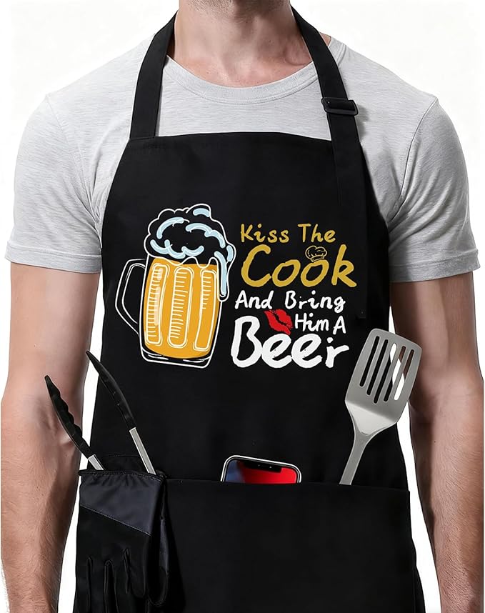 ZOORON Funny Black Chef Aprons for Men Adjustable BBQ Grill Kitchen Cooking Aprons with Pockets, Grill Accessories