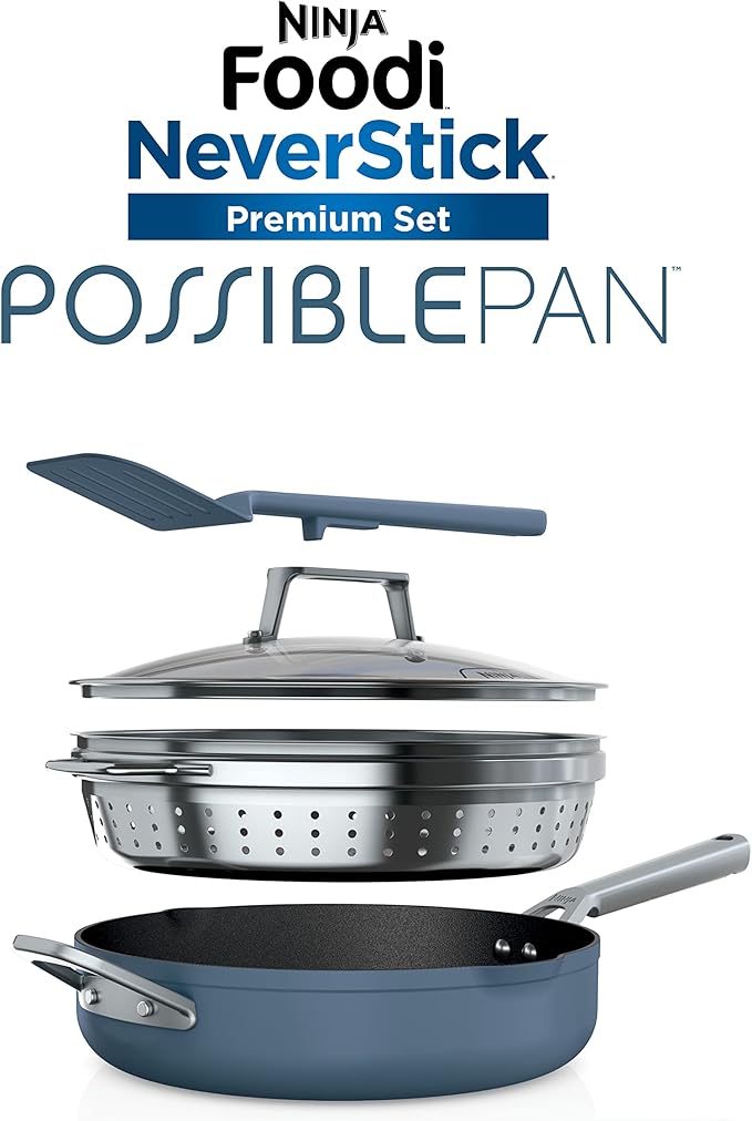Ninja, Cookware, Steamer, Strainer Basket, Glass Lid and Spatula, Foodi NeverStick PossiblePan, Premium Set with 4-Quart Capacity Pan, Nonstick, Durable, Oven Safe Cookware, Cherry Tart, CW102BL