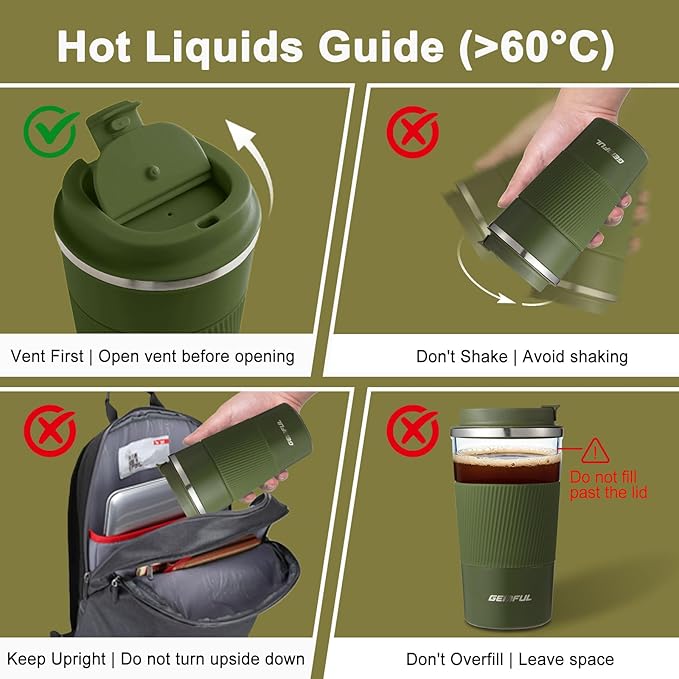 GEMFUL To Go Coffee Mug with Lid 17oz Insulated Coffee Cups Spill Proof Travel Coffee Mug Tumbler Leak Proof Vacuum Stainless Steel Coffee Travel Mug Reusable for Hot Cold Drinks Women Men (Green)