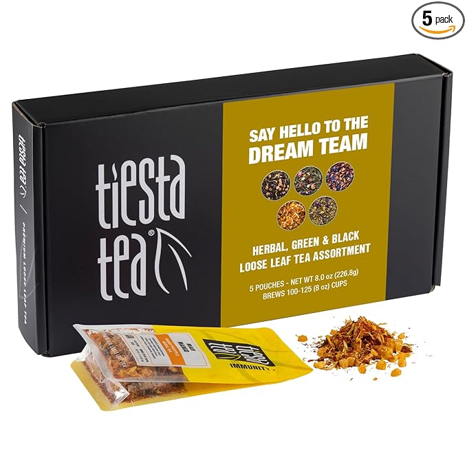Tiesta Tea - Tiesta's Top Loose Leaf Tea Gift Box, High to Non-Caffeinated Variety Pack, Make Hot & Iced Brews, 5 Pouches of Assorted Blends with Green, Herbal, Black & Fruit Bags