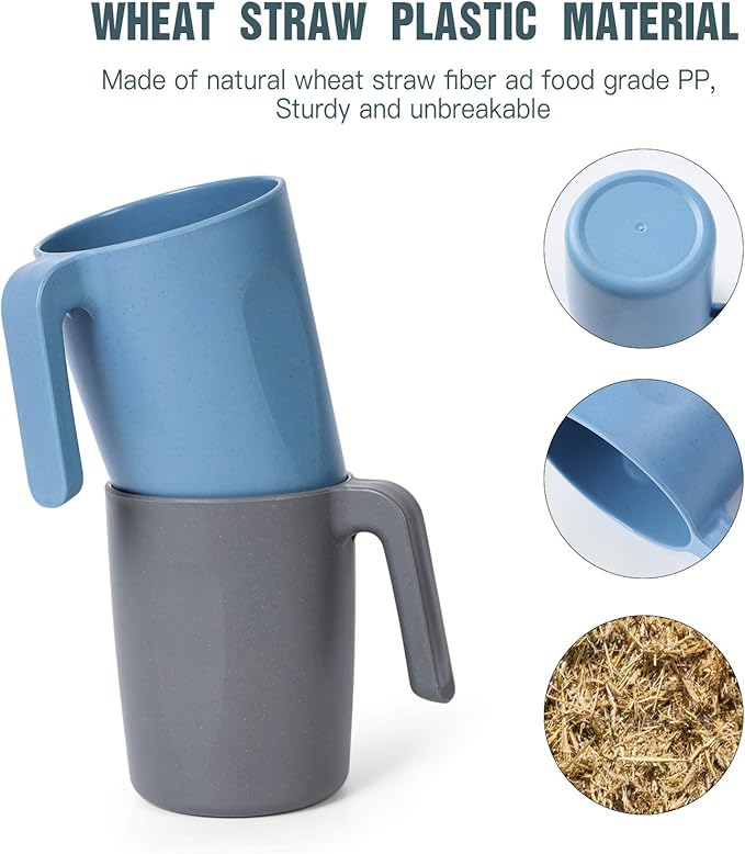 shopwithgreen 15 oz Wheat Straw Cup with Handles, Unbreakable Drinking Glasses Stackable | Reusable Water Tumbler, Mug Set for Coffee, Wine, Camping, BPA-Free | Dishwasher & Microwave Safe