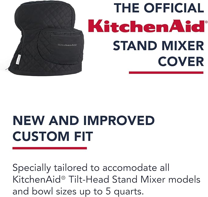 KITCHENAID Fitted Tilt-Head Solid Stand Mixer Cover with Storage Pocket, Quilted 100% Cotton, Matte Black, 14.4"x18"x10", NEW AND IMPROVED FIT