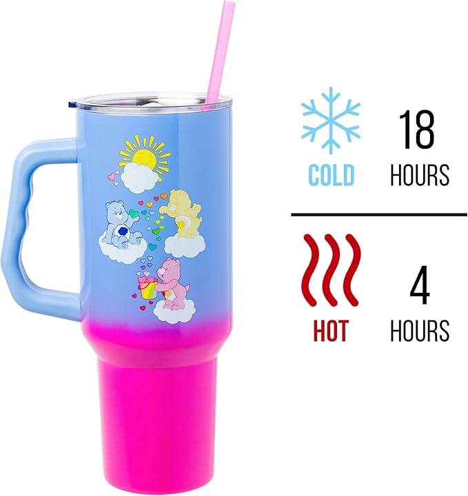 Silver Buffalo Care Bears Ombre Stainless Steel Travel Tumbler With Handle, Lid, and Reusable Straw | Holds 40 Ounces
