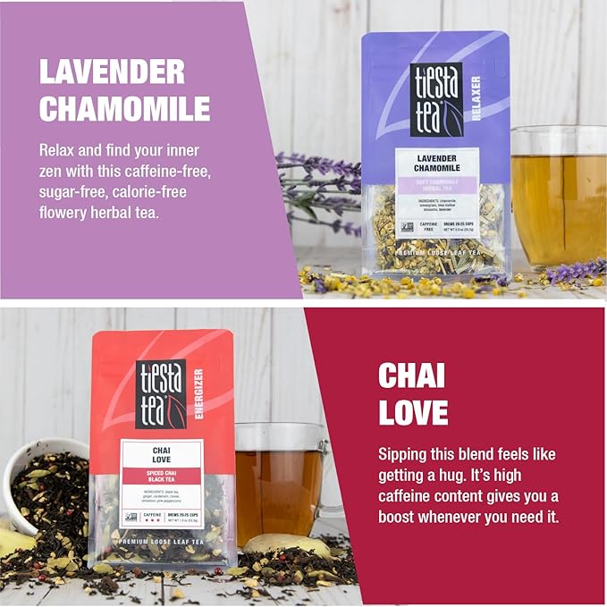 Tiesta Tea - Classic Tea Gift Box, Loose Leaf, High to Non-Caffeinated Variety, Make Hot & Iced Brews, 5 Pouches of Assorted Blends w/English Breakfast, Green, Chai, Lavender & Herbal