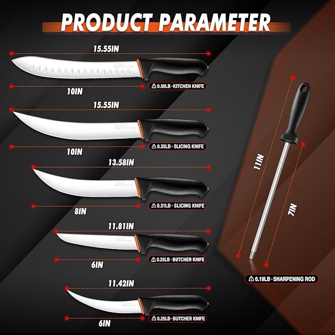 TIVOLI 6 PCS Professional Butcher Knife Set, Game Processing Knife Set, Non-Slip Softgrip, German Stainless Steel, Skinning Boning Trimming Poultry Knife Set For Meat Cutting, Incl 7" Sharpener Rod