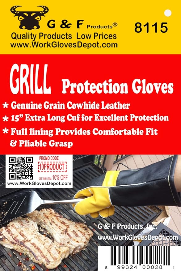 G & F Products Premium Leather Heat-Resistant Gloves – BBQ, Fireplace – Puncture, Cut, and Fire Protection with Cotton Lining and Kevlar Stitch – Durable Suede and Cowhide Leather