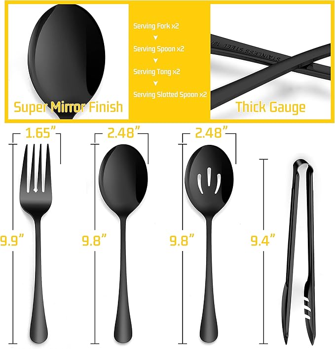 Large Black Serving Utensils Set of 8, E-far Stainless Steel 9.8 Inch Serving Spoon Slotted Spoon, 9.9 Inch Fork, 9.4 Inch Tong for Buffet Catering, Mirror Finish & Dishwasher Safe