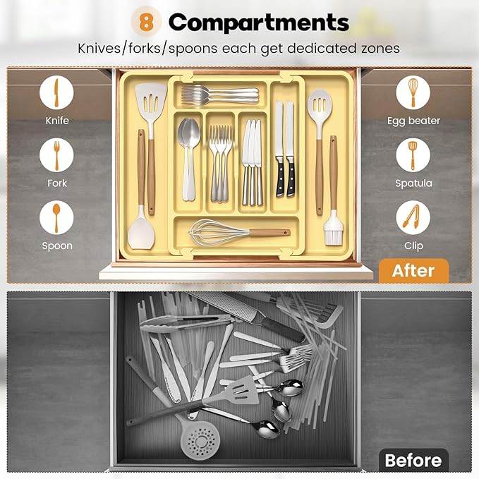 Caperci Large Silverware Organizer for Kitchen Drawer & Utensils - Expandable Drawer Organizer for Cutlery, Flatware & Gadget, BPA-Free Thick Plastic, Wider Compartments & Non-skid Feet (Desert Sand)
