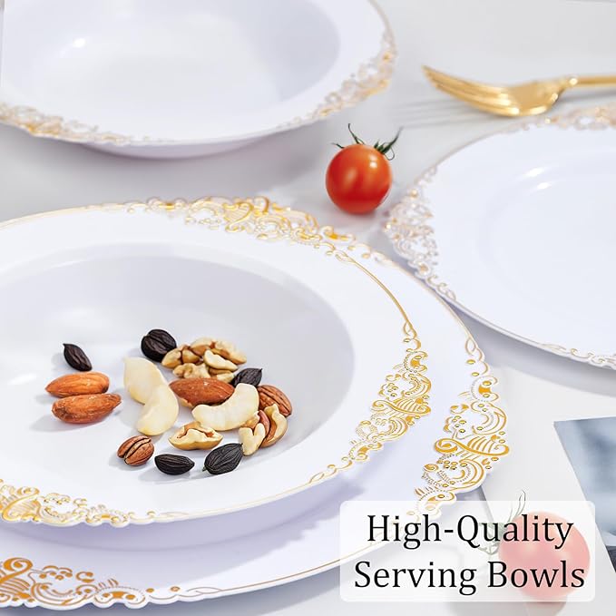 Nervure 50 Pack White Plastic Bowls with Gold Rim - 12oz Disposable Soup Bowls - Heavy Duty Dessert Bowl, Salad Bowl Perfect for Weddings, Parties, Thanksgiving and Everyday Use