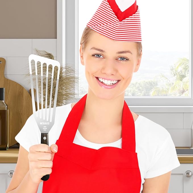 2 Pack Fish Spatula Stainless Steel，Flexible Metal Spatula Perfect for Flipping Eggs, Burgers and Baking, Durable Lightweight Kitchen Slotted Turner for Cooking & BBQ [Wooden Handle]