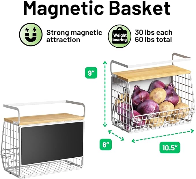 Magnetic Shelf for Fridge with Wood Lid, Fruit Potato and Onion Storage Bins, Pantry Organizers & Storage, Large Container Magnetic Spice Rack for Refrigerator, Kitchen Counter (White, 1)