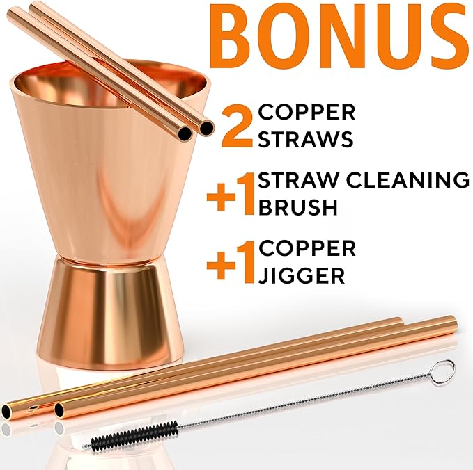 Benicci Moscow Mule Copper Mugs - Set of 2, 100% HANDCRAFTED - Food Safe Pure Copper Solid Mugs - 16 oz Gift Set with Premium Quality Cocktail Straws, Straw Cleaning Brush and Jigger!