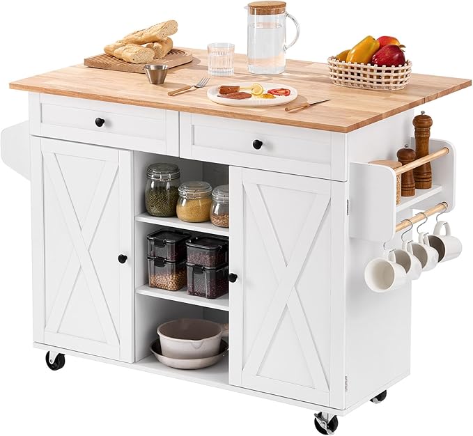 VEVOR Kitchen Island Cart, with Solid Wood Top and Storage Cabinet, Mobile Rolling Table with Drop Leaf, Drawers, Spice Towel Rack, Portable Islands on Swivel Wheels for Dining Room, 52in Width, White