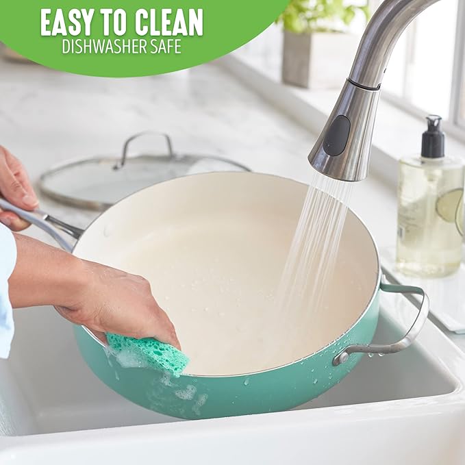 GreenLife Artisan Healthy Ceramic Nonstick, 5QT Saute Pan Jumbo Cooker with Helper Handle and Lid, Stainless Steel Handle, Induction, PFAS-Free, Dishwasher Safe, Oven Safe, Turquoise