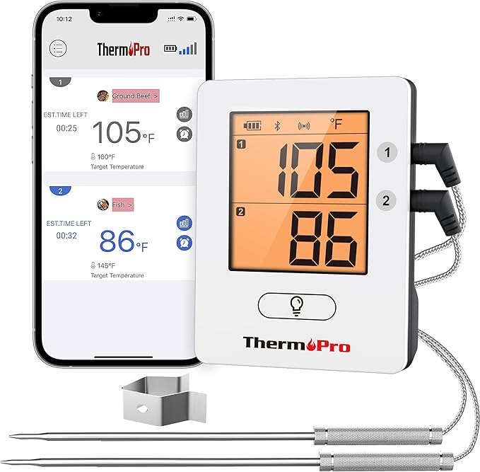 ThermoPro TP910 650FT Bluetooth Meat Thermometer for Smokers, Rechargeable Wireless Meat Thermometer for Grilling with 2 Probes, Grill BBQ Thermometer with Smart Timer, Alarm, Cook Time Estimator